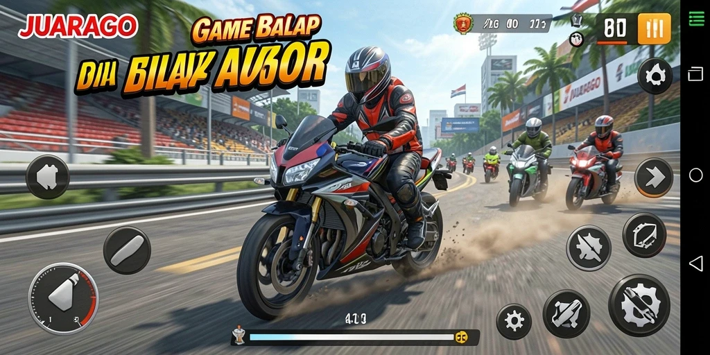 Screenshot JUARAGO menampilkan aksi balap motor yang mendebarkan.