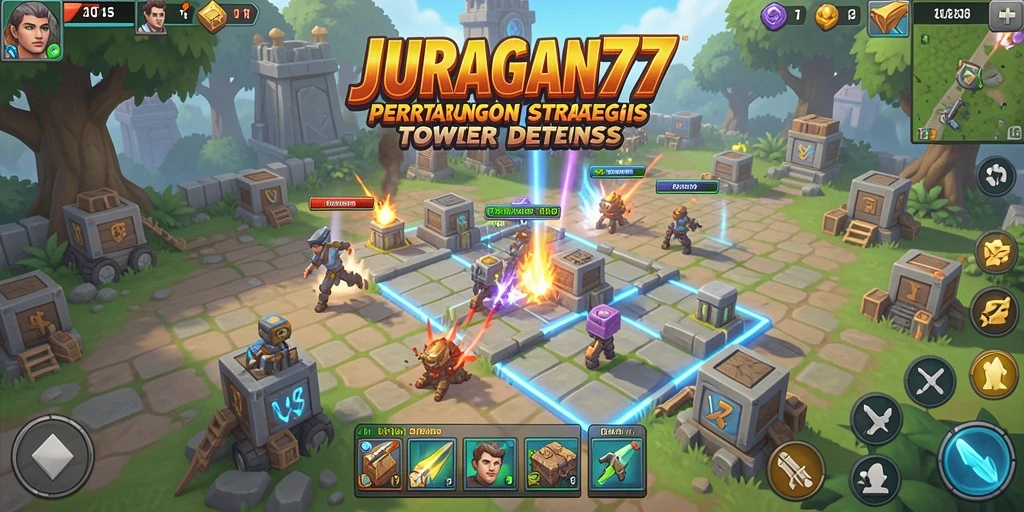 Screenshot gameplay <strong>JURAGAN77</strong> dengan menara defensif yang siap melawan musuh.
