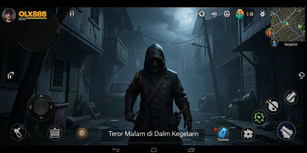 Screenshot gameplay OLX888 menampilkan suasana menyeramkan dan penuh ketegangan.