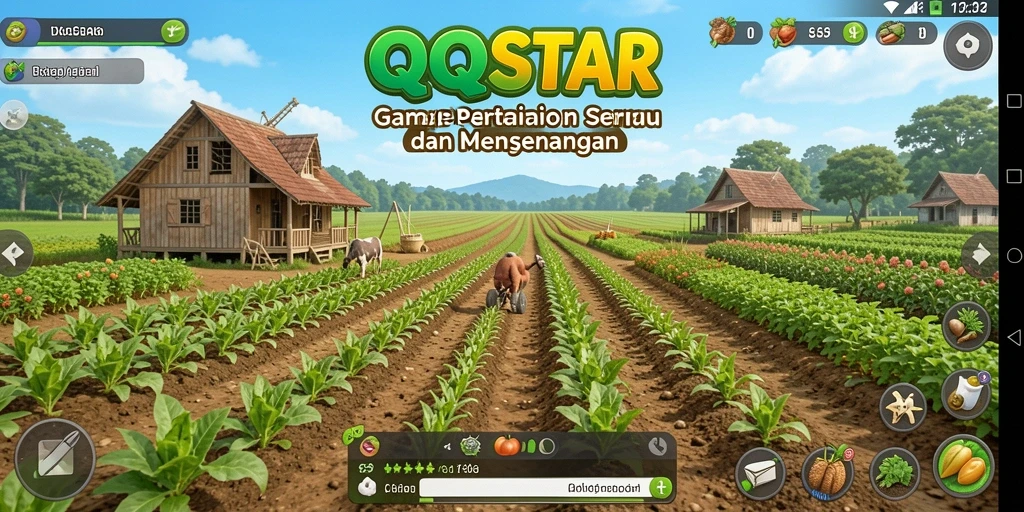 Tampilan gameplay seru dengan ladang yang subur dan hewan ternak.